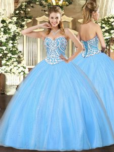 Aqua Blue Ball Gowns Tulle Sweetheart Sleeveless Beading Floor Length Lace Up Quinceanera Dress