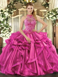 Fuchsia 15th Birthday Dress Sweet 16 and Quinceanera with Beading and Embroidery and Ruffles Halter Top Sleeveless Lace Up