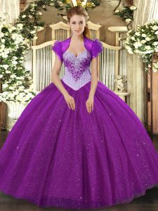 Eggplant Purple Sweetheart Lace Up Beading and Sequins 15th Birthday Dress Sleeveless