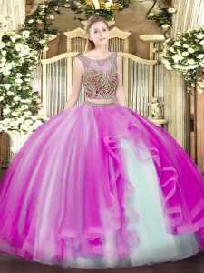 Fine Fuchsia Quinceanera Dress Military Ball and Sweet 16 and Quinceanera with Beading and Ruffles Scoop Sleeveless Lace Up