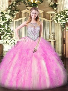Lilac Tulle Zipper Ball Gown Prom Dress Sleeveless Floor Length Beading and Ruffles