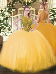 Exceptional Gold Zipper Scoop Beading Quinceanera Dresses Tulle Sleeveless