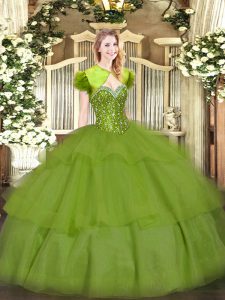 Cute Olive Green Tulle Lace Up Vestidos de Quinceanera Sleeveless Floor Length Beading and Ruffled Layers