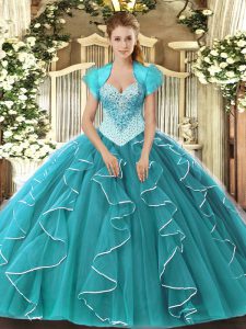 Teal Ball Gowns Beading Sweet 16 Dresses Lace Up Tulle Sleeveless Floor Length