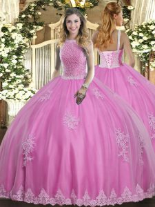Free and Easy Rose Pink Ball Gowns High-neck Sleeveless Tulle Floor Length Lace Up Beading and Appliques Quinceanera Gowns