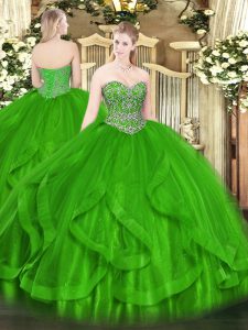 Inexpensive Floor Length Green Quinceanera Dresses Tulle Sleeveless Beading and Ruffles