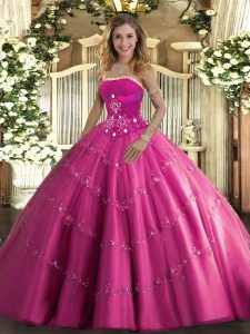Top Selling Hot Pink Ball Gowns Strapless Sleeveless Tulle Floor Length Lace Up Beading and Appliques Quinceanera Gown