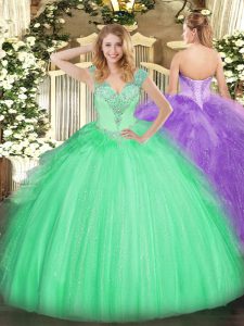 Hot Sale Beading 15 Quinceanera Dress Apple Green Lace Up Sleeveless Floor Length