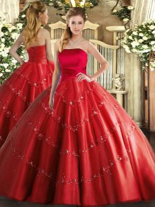 Unique Red Ball Gowns Tulle Strapless Sleeveless Appliques Floor Length Lace Up Sweet 16 Dress