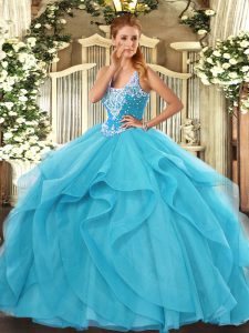 Floor Length Lace Up Quinceanera Dresses Aqua Blue for Military Ball and Sweet 16 and Quinceanera with Beading and Ruffles