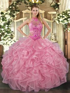 Great Baby Pink Organza Lace Up Halter Top Sleeveless Floor Length 15th Birthday Dress Embroidery and Ruffles