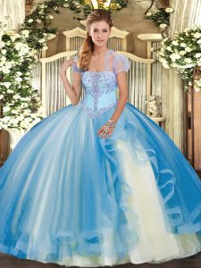Stylish Baby Blue Sleeveless Tulle Lace Up Quinceanera Gowns for Military Ball and Sweet 16 and Quinceanera