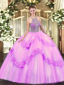 Fantastic Lilac Ball Gowns Beading and Appliques Quinceanera Dress Lace Up Tulle Sleeveless Floor Length