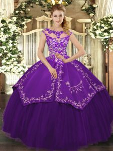 Best Selling Cap Sleeves Floor Length Beading and Embroidery Lace Up Sweet 16 Dresses with Purple