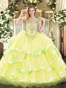 Yellow Sleeveless Floor Length Beading and Ruffled Layers Lace Up Vestidos de Quinceanera