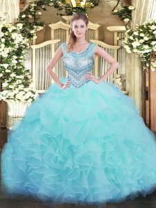Popular Aqua Blue Organza Lace Up Scoop Sleeveless Floor Length 15 Quinceanera Dress Beading and Ruffles and Pick Ups