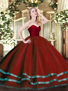 Wine Red Sleeveless Tulle Zipper Quinceanera Gowns for Military Ball and Sweet 16 and Quinceanera