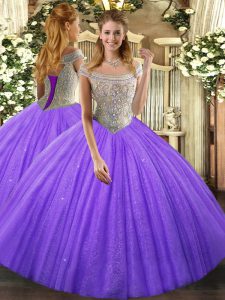 Customized Sleeveless Floor Length Beading Lace Up Vestidos de Quinceanera with Lavender