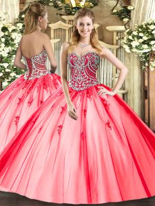 Coral Red Sleeveless Tulle Lace Up Sweet 16 Dress for Military Ball and Sweet 16 and Quinceanera