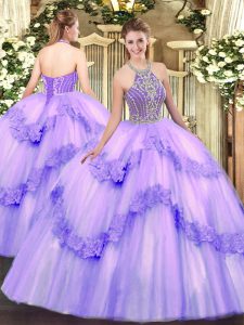 Beading and Appliques Quince Ball Gowns Lavender Lace Up Sleeveless Floor Length