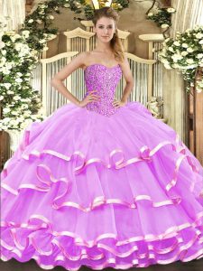 High End Lilac Sweetheart Lace Up Beading and Ruffled Layers 15 Quinceanera Dress Sleeveless