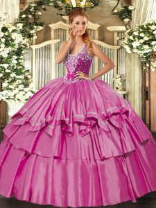 Lilac Sleeveless Floor Length Beading and Ruffled Layers Lace Up Vestidos de Quinceanera