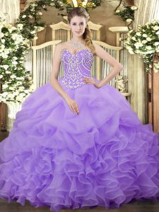 Smart Lilac Ball Gowns Organza Sweetheart Sleeveless Beading and Ruffles and Pick Ups Floor Length Lace Up Quinceanera Dresses