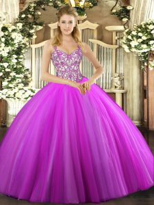Lilac Sleeveless Floor Length Beading and Appliques Lace Up 15 Quinceanera Dress