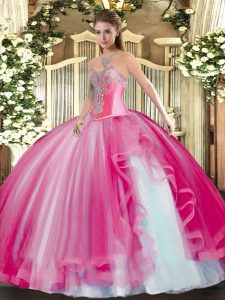 Hot Pink Sweetheart Neckline Beading and Ruffles Quinceanera Gowns Sleeveless Lace Up