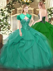 Chic Tulle Sweetheart Sleeveless Lace Up Beading and Ruffles Sweet 16 Dress in Turquoise