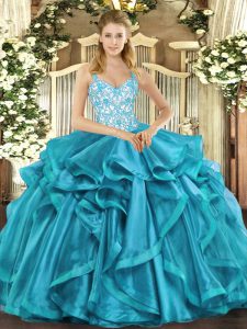 High Class Teal Lace Up Ball Gown Prom Dress Beading and Appliques and Ruffles Sleeveless Floor Length