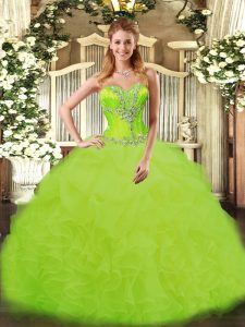 Sleeveless Organza Floor Length Lace Up Military Ball Dresses in Yellow Green with Beading and Ruffles