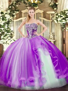 Lavender Ball Gowns Strapless Sleeveless Tulle Floor Length Lace Up Beading and Ruffles Quinceanera Dress