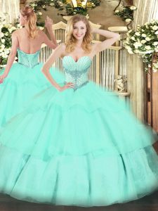 Apple Green Tulle Lace Up Ball Gown Prom Dress Sleeveless Floor Length Beading and Ruffled Layers