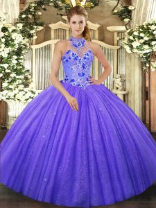 Best Purple Ball Gowns Tulle Halter Top Sleeveless Beading and Embroidery Lace Up Sweet 16 Dresses