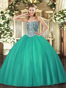 Fine Tulle Sweetheart Sleeveless Lace Up Beading Ball Gown Prom Dress in Turquoise