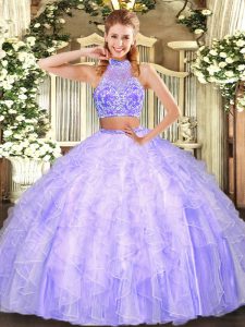 Beading and Ruffles 15th Birthday Dress Lavender Criss Cross Sleeveless Floor Length