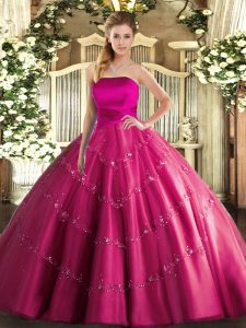 Flare Hot Pink Strapless Neckline Appliques Quinceanera Gowns Sleeveless Lace Up