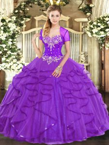 Sumptuous Floor Length Purple Ball Gown Prom Dress Tulle Sleeveless Beading and Ruffles