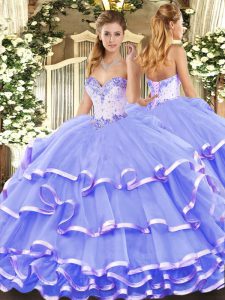 Fantastic Sweetheart Sleeveless Quinceanera Dresses Floor Length Beading and Ruffled Layers Lavender Organza