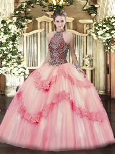 Graceful Pink Sleeveless Beading and Appliques Floor Length Quinceanera Dresses
