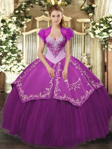 New Style Purple Ball Gowns Satin and Tulle Sweetheart Sleeveless Beading and Embroidery Floor Length Lace Up Vestidos de Quinceanera