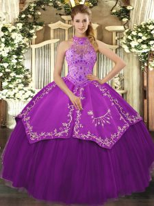 Gorgeous Eggplant Purple Lace Up Halter Top Beading and Embroidery Quinceanera Dresses Satin and Tulle Sleeveless