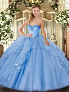 Floor Length Blue Quinceanera Gowns Sweetheart Sleeveless Lace Up