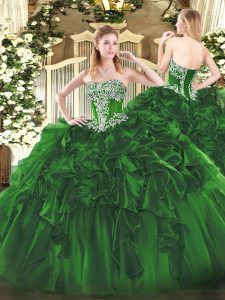 Classical Dark Green Organza Lace Up Strapless Sleeveless Floor Length Sweet 16 Dresses Beading and Ruffles