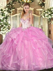 Low Price Rose Pink Sweet 16 Dress Military Ball and Sweet 16 and Quinceanera with Beading and Ruffles Sweetheart Sleeveless Lace Up