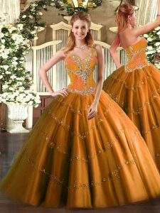 Orange Tulle Lace Up Sweetheart Sleeveless Floor Length Vestidos de Quinceanera Beading