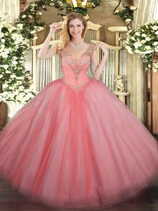 Wonderful Watermelon Red V-neck Neckline Beading Sweet 16 Dress Sleeveless Lace Up