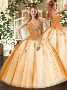 Chic Gold Sweetheart Neckline Beading Quince Ball Gowns Sleeveless Lace Up