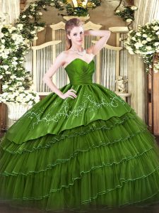 Green Ball Gowns Sweetheart Sleeveless Organza and Taffeta Floor Length Zipper Embroidery and Ruffled Layers 15th Birthday Dress